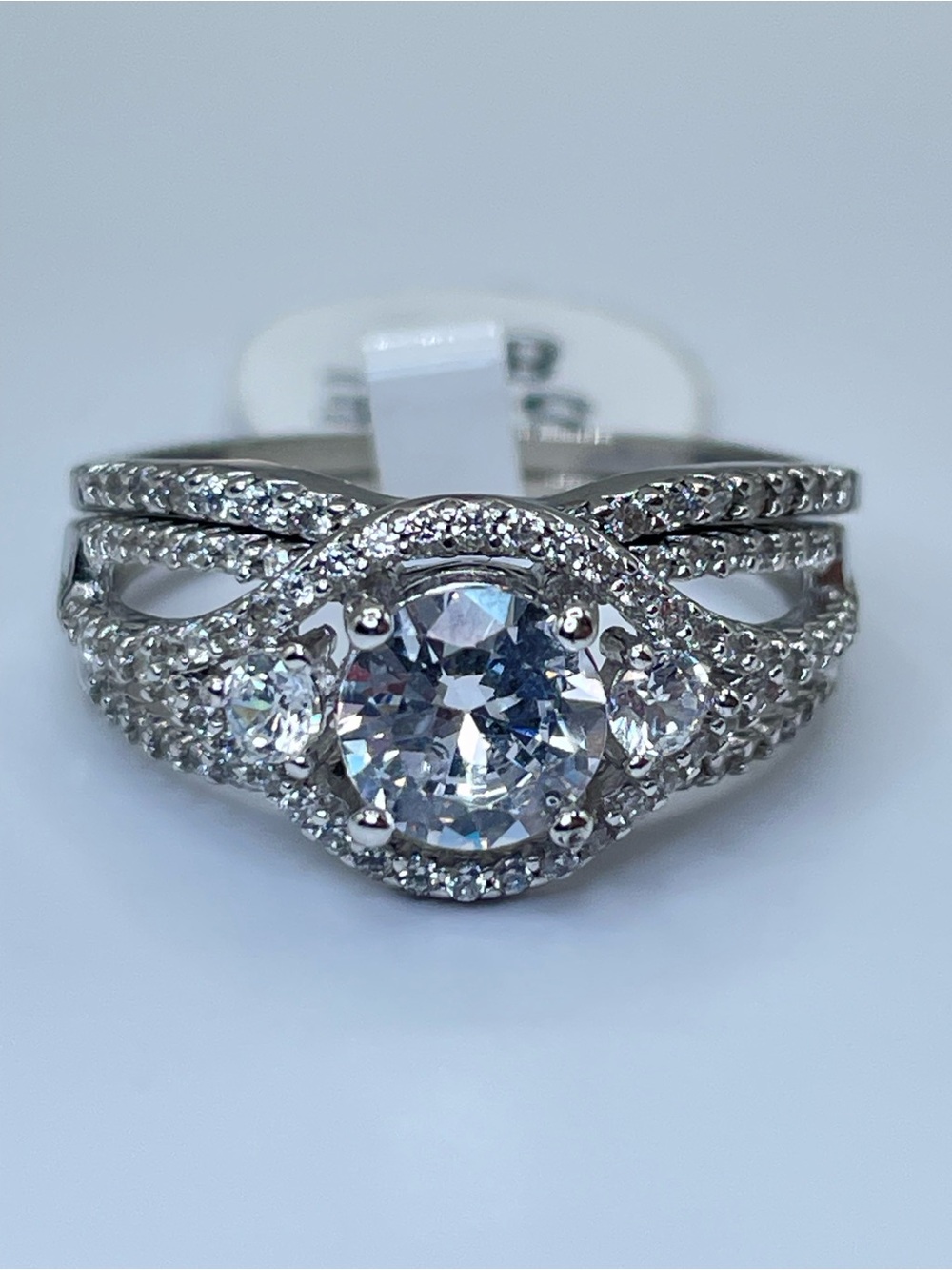 Elegant 925 Sterling Silver Round CZ Halo Bridal Wedding Ring Set Size 8.5